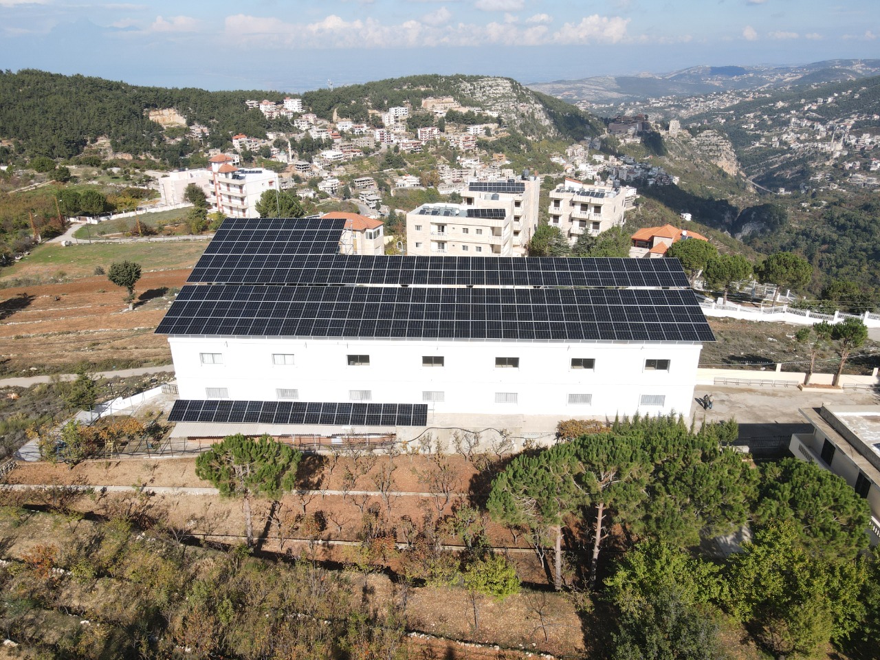 Aerial view of the completed photovoltaic array at Asoun Water Pump Station